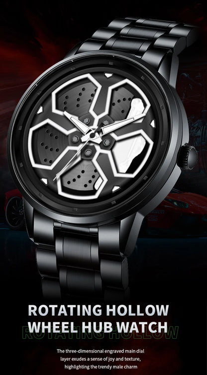 Original Wheel Rotating Men Watches Black Fashion Stainless Steel Strap Sports Man Clock 3Bar Quartz Movement Top Watch for Men