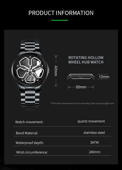 Original Wheel Rotating Men Watches Black Fashion Stainless Steel Strap Sports Man Clock 3Bar Quartz Movement Top Watch for Men