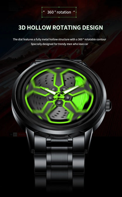 Original Wheel Rotating Men Watches Black Fashion Stainless Steel Strap Sports Man Clock 3Bar Quartz Movement Top Watch for Men