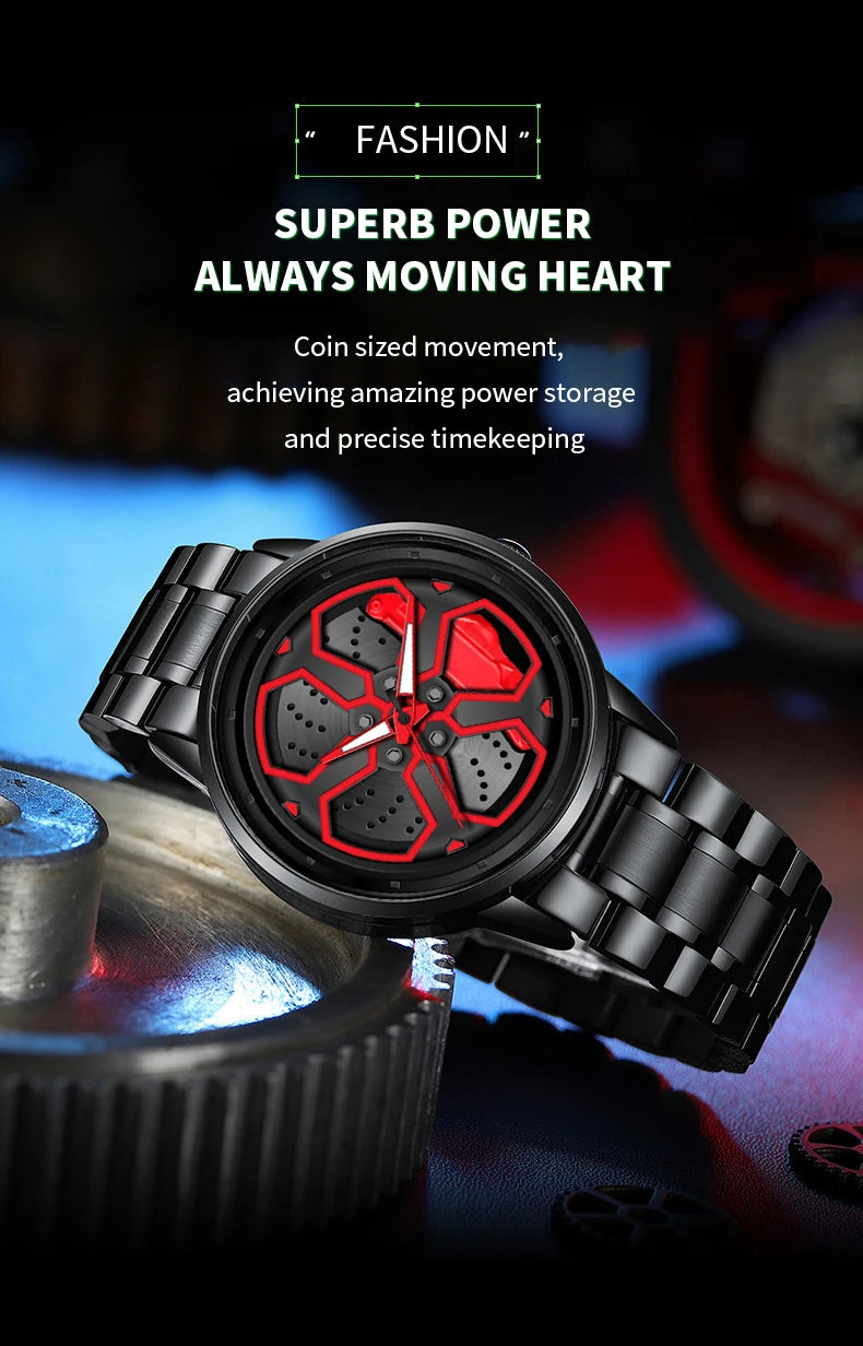 Original Wheel Rotating Men Watches Black Fashion Stainless Steel Strap Sports Man Clock 3Bar Quartz Movement Top Watch for Men