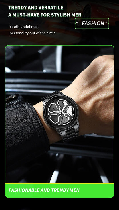Original Wheel Rotating Men Watches Black Fashion Stainless Steel Strap Sports Man Clock 3Bar Quartz Movement Top Watch for Men