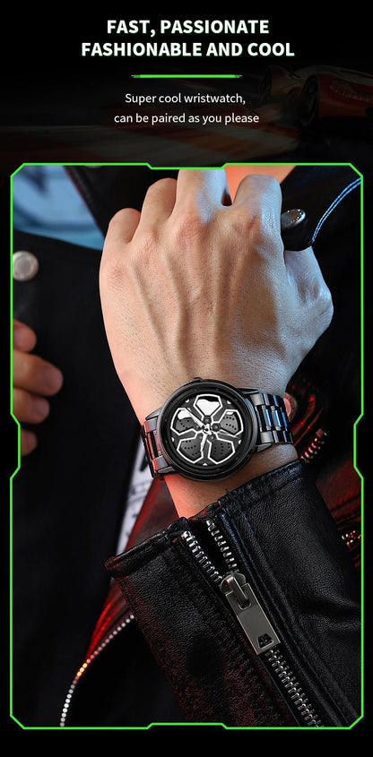 Original Wheel Rotating Men Watches Black Fashion Stainless Steel Strap Sports Man Clock 3Bar Quartz Movement Top Watch for Men
