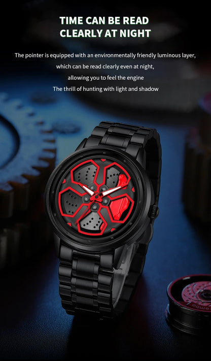 Original Wheel Rotating Men Watches Black Fashion Stainless Steel Strap Sports Man Clock 3Bar Quartz Movement Top Watch for Men