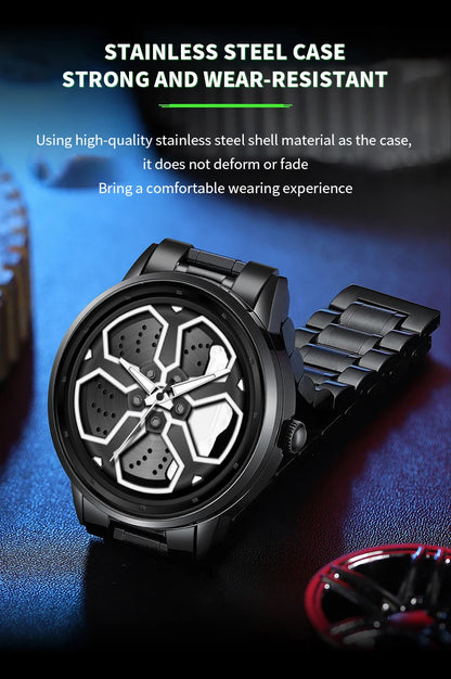 Original Wheel Rotating Men Watches Black Fashion Stainless Steel Strap Sports Man Clock 3Bar Quartz Movement Top Watch for Men