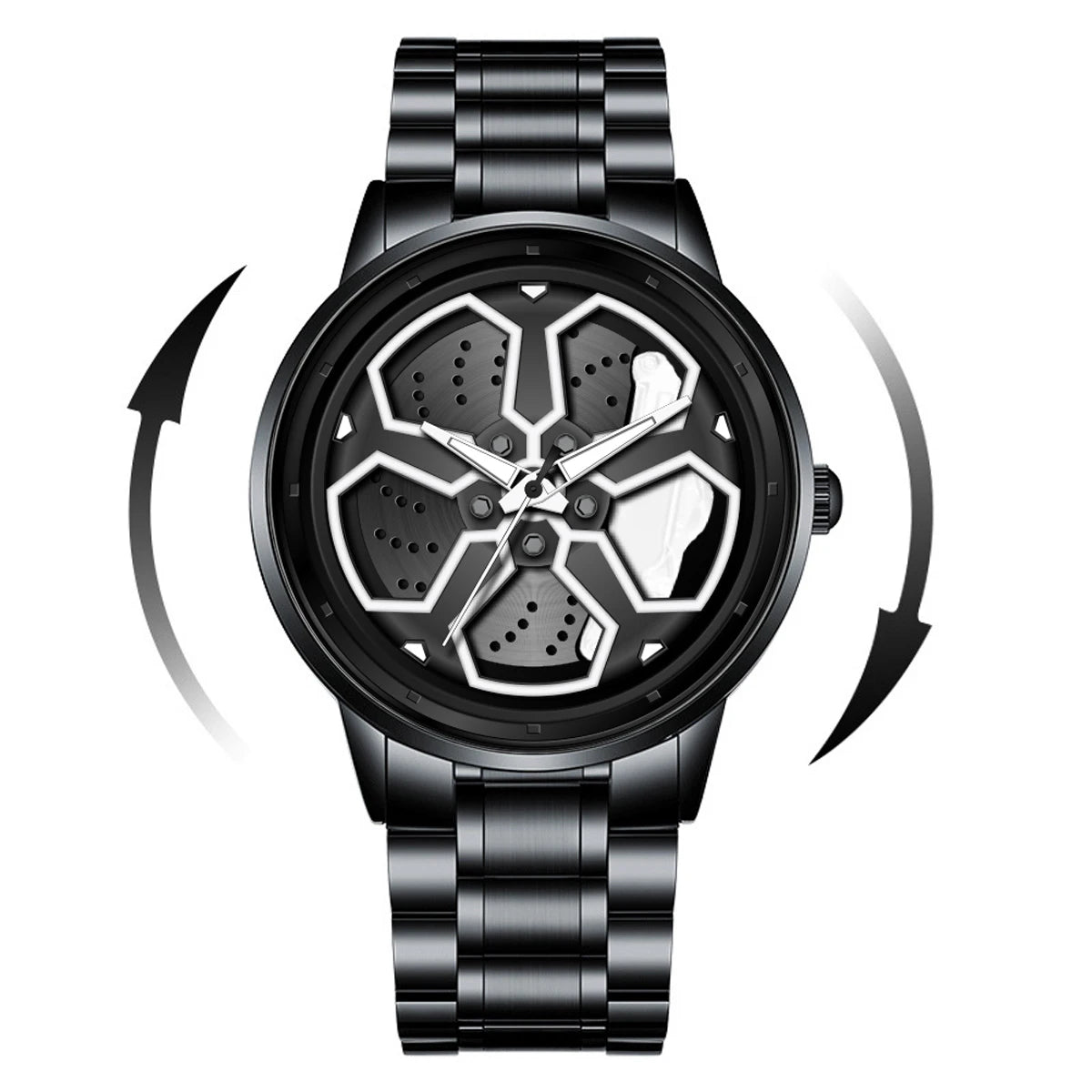 Original Wheel Rotating Men Watches Black Fashion Stainless Steel Strap Sports Man Clock 3Bar Quartz Movement Top Watch for Men