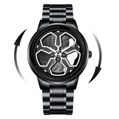 Original Wheel Rotating Men Watches Black Fashion Stainless Steel Strap Sports Man Clock 3Bar Quartz Movement Top Watch for Men