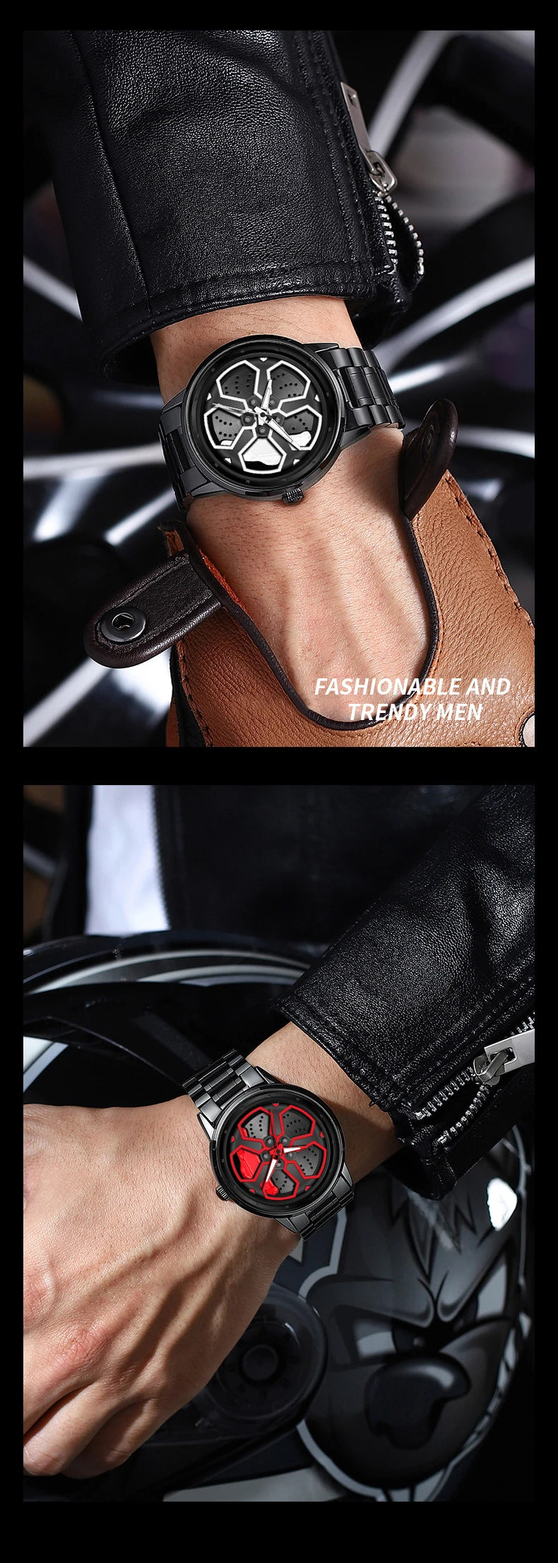 Original Wheel Rotating Men Watches Black Fashion Stainless Steel Strap Sports Man Clock 3Bar Quartz Movement Top Watch for Men