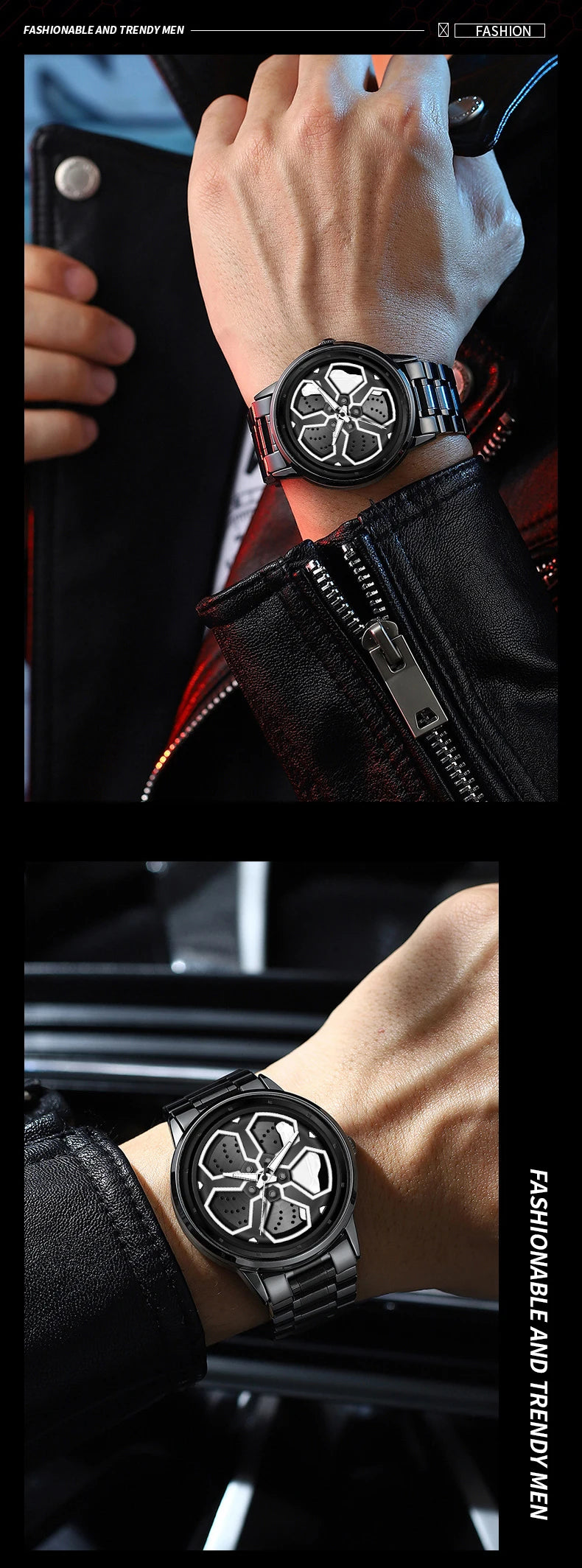 Original Wheel Rotating Men Watches Black Fashion Stainless Steel Strap Sports Man Clock 3Bar Quartz Movement Top Watch for Men