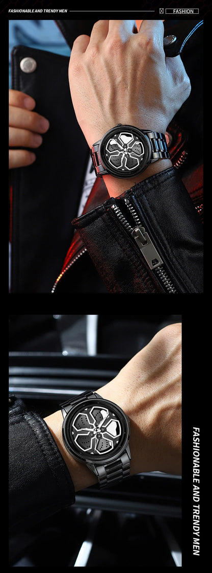 Original Wheel Rotating Men Watches Black Fashion Stainless Steel Strap Sports Man Clock 3Bar Quartz Movement Top Watch for Men