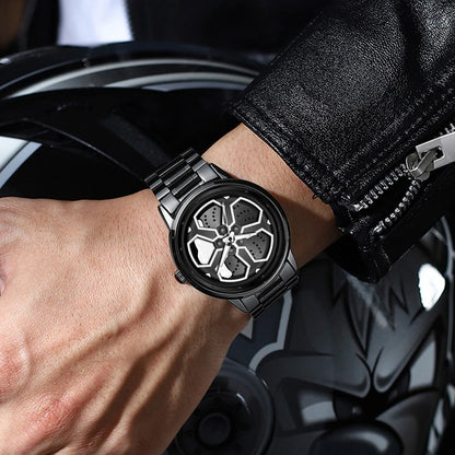 Original Wheel Rotating Men Watches Black Fashion Stainless Steel Strap Sports Man Clock 3Bar Quartz Movement Top Watch for Men