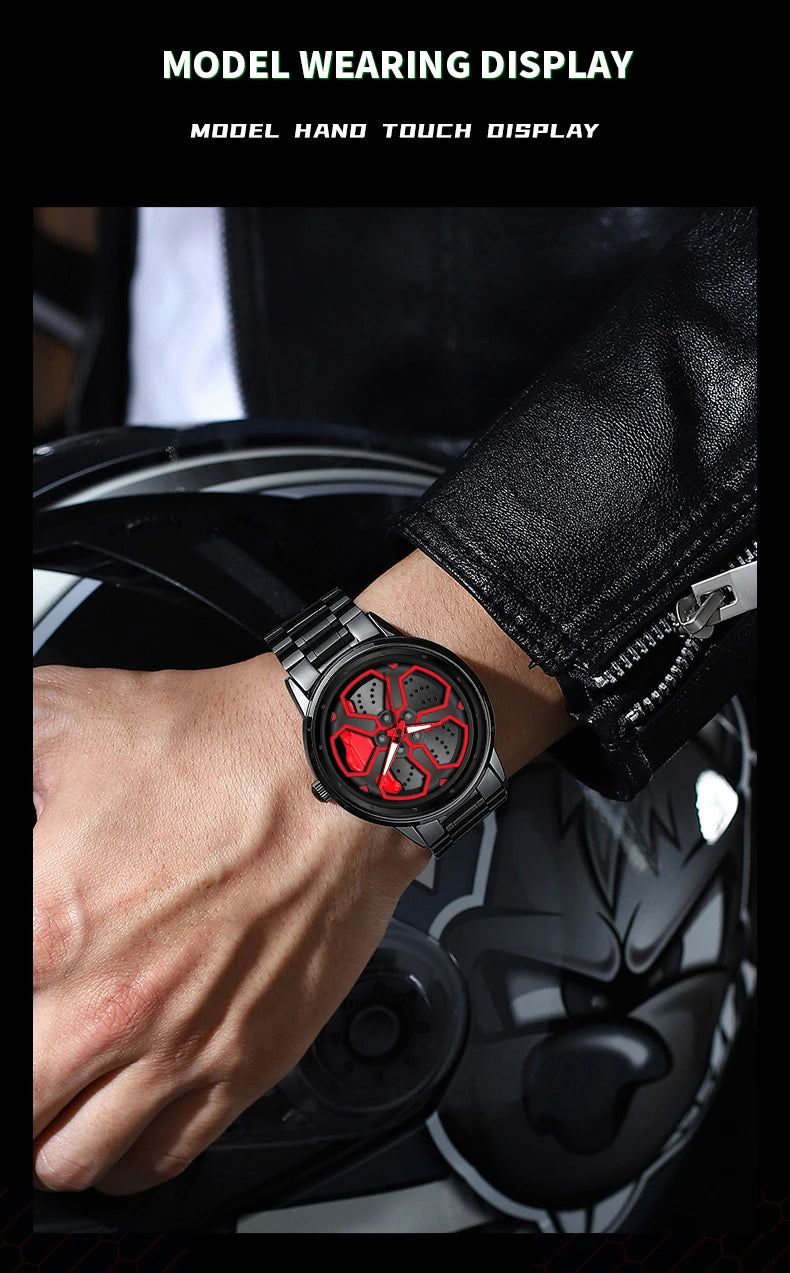 Original Wheel Rotating Men Watches Black Fashion Stainless Steel Strap Sports Man Clock 3Bar Quartz Movement Top Watch for Men