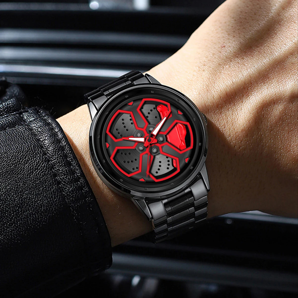 Original Wheel Rotating Men Watches Black Fashion Stainless Steel Strap Sports Man Clock 3Bar Quartz Movement Top Watch for Men