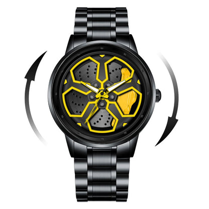 Original Wheel Rotating Men Watches Black Fashion Stainless Steel Strap Sports Man Clock 3Bar Quartz Movement Top Watch for Men